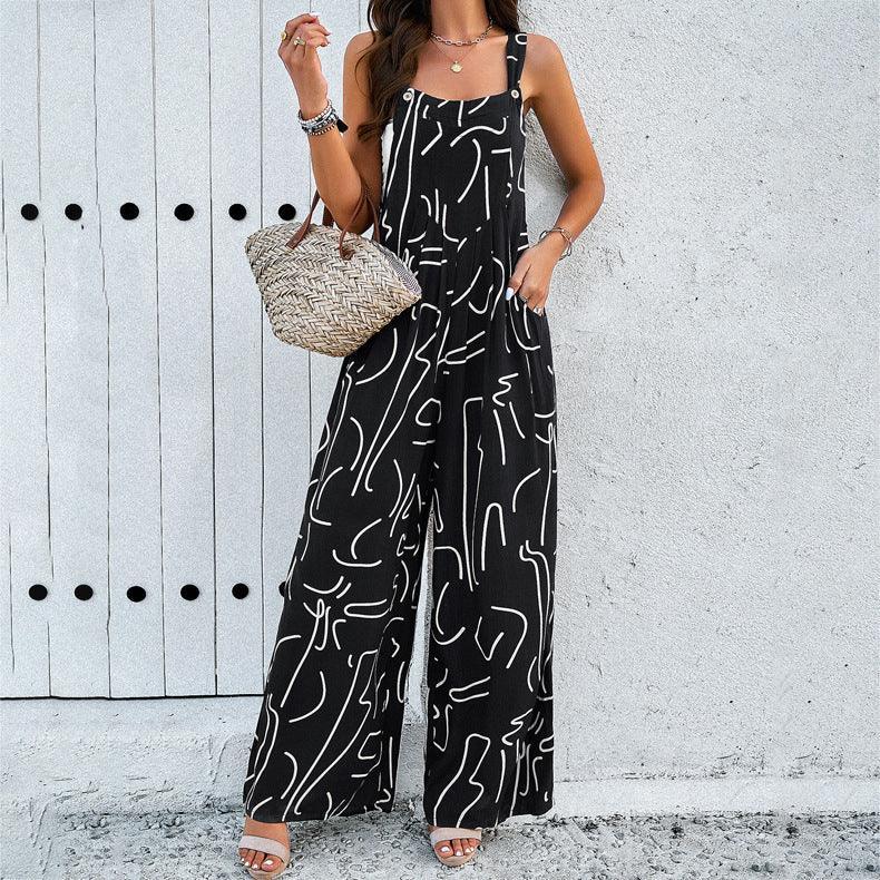 Printed Square Neck Jumpsuit With Pockets - Hipster Collections