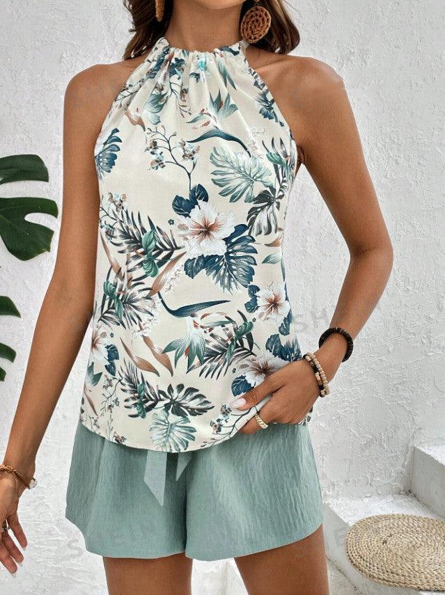 Women's Fashion Tie Printed Sleeveless Suit - Hipster Collections