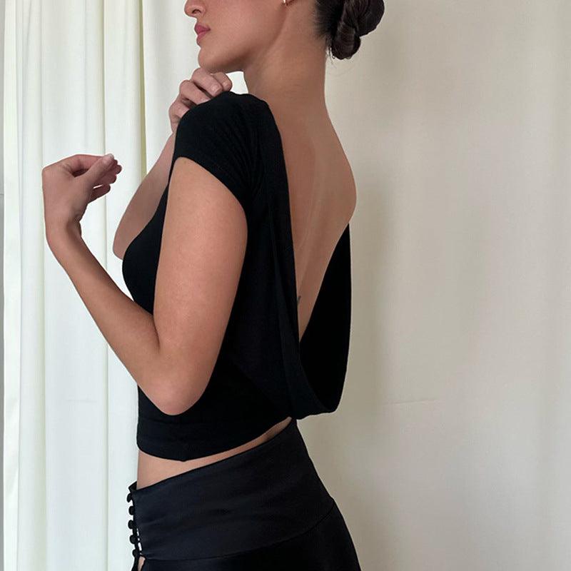 European And American Ins Style Hot Girl Sexy Big Backless Round Neck Short Sleeve - Hipster Collections