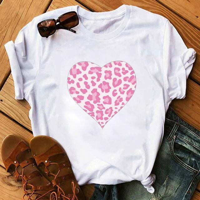 Spring Women's Cartoon Leopard Print Heart Printing T-shirt - Hipster Collections