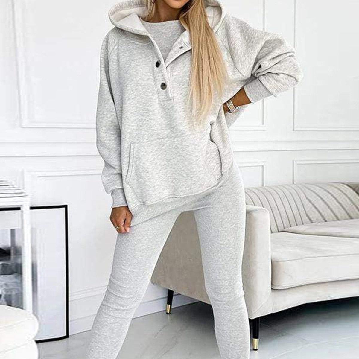 Women's Loose Hooded Pockets Sweatshirt and Vest and Slim Trousers - Hipster Collections