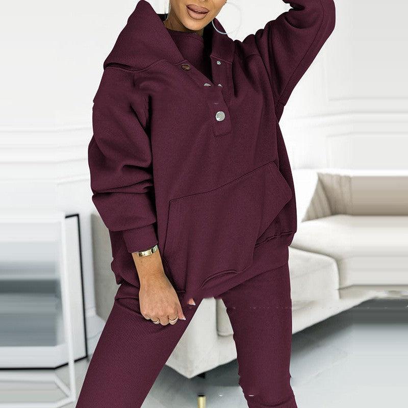 Women's Loose Hooded Pockets Sweatshirt and Vest and Slim Trousers - Hipster Collections