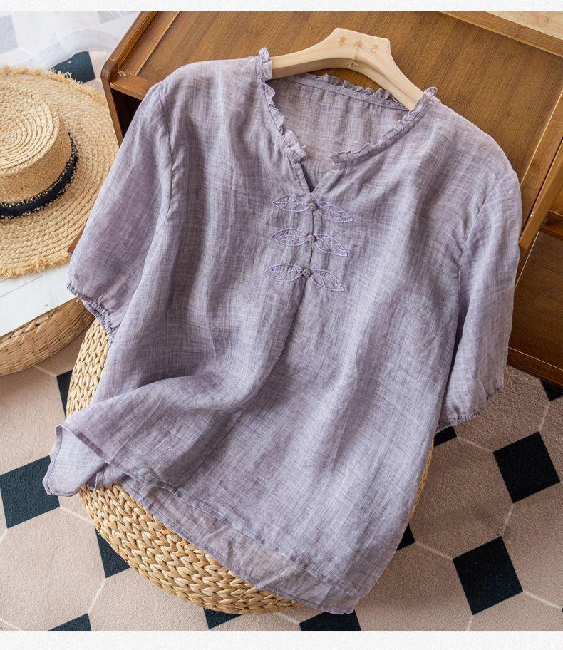 Cotton And Linen Embroidered V-neck Short Sleeve - Hipster Collections