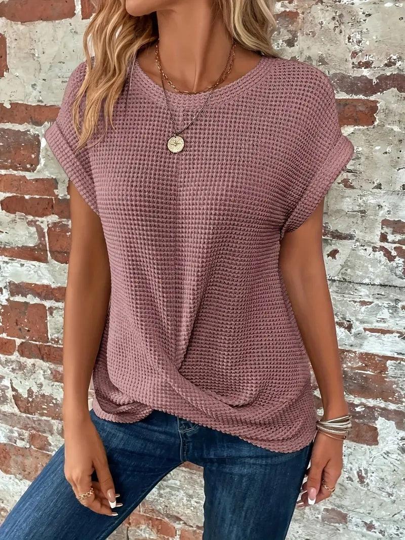 Short-sleeved Waffle T-shirt Summer New Solid Color Crew Neck Top For Womens Clothing - Hipster Collections