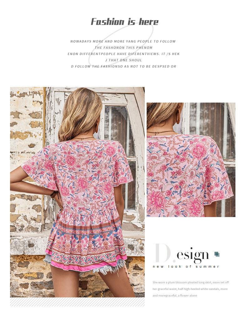 Summer Women's Bohemian Printed Short-sleeved Shirt - Hipster Collections