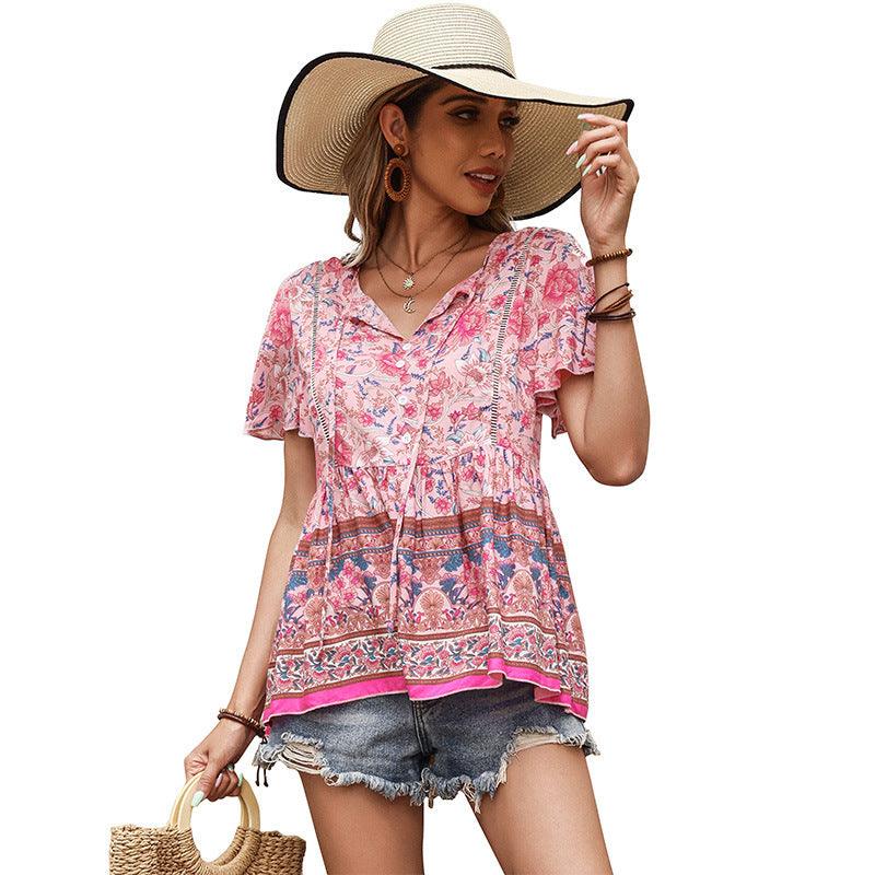 Summer Women's Bohemian Printed Short-sleeved Shirt - Hipster Collections
