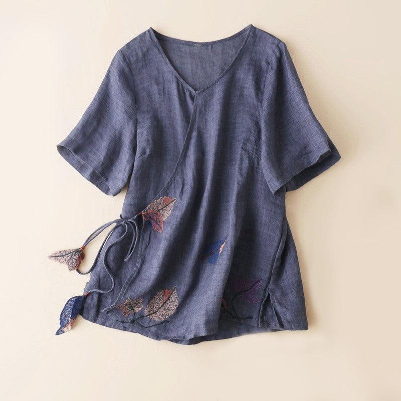Retro Artistic Ramie Top Embroidery Tie-neck Loose Slimming Diagonal - Hipster Collections