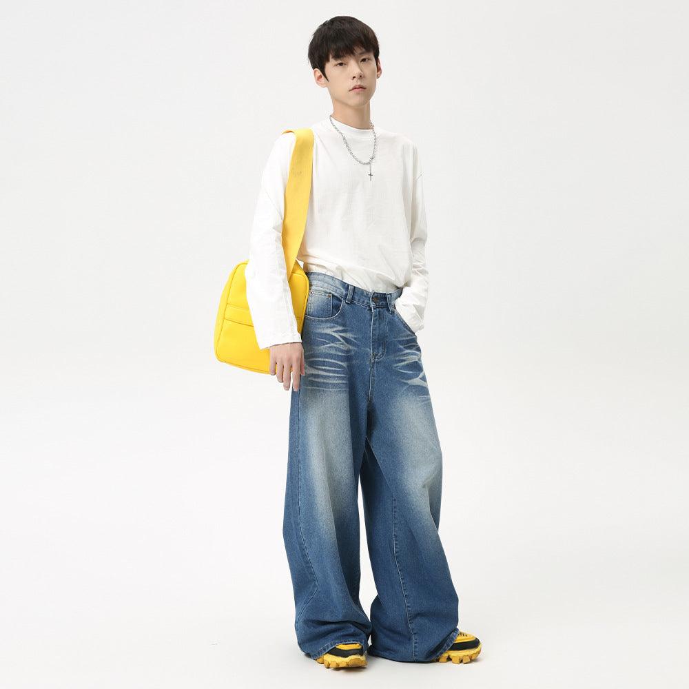 Maychao Washed Crease Vintage Draping Wide Leg Jeans - Hipster Collections
