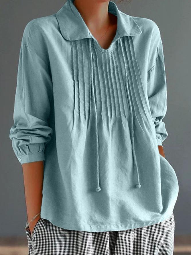 Loose Cotton And Linen Long Sleeve Women's Pleated Lapel Shirt - Hipster Collections