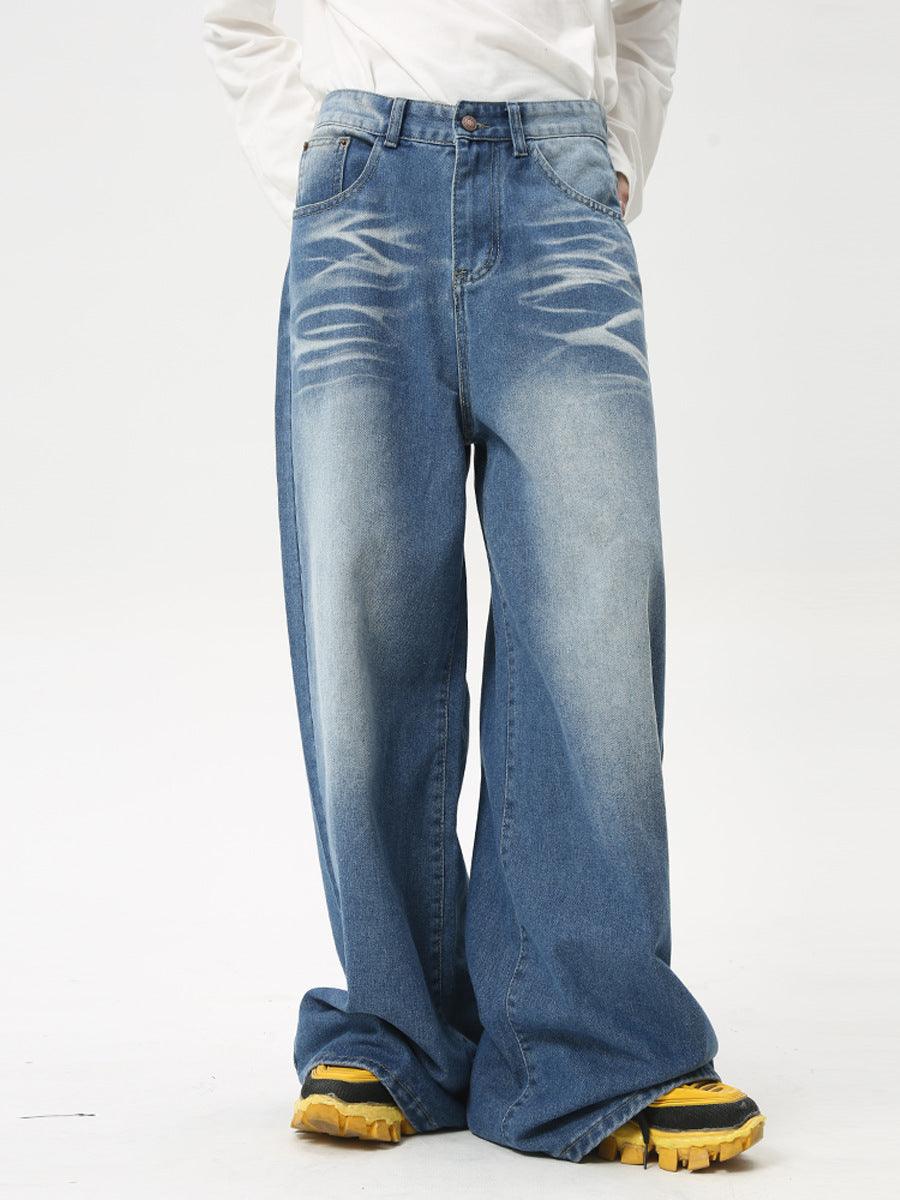 Maychao Washed Crease Vintage Draping Wide Leg Jeans - Hipster Collections