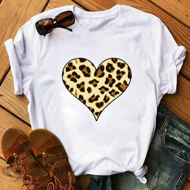 Spring Women's Cartoon Leopard Print Heart Printing T-shirt - Hipster Collections