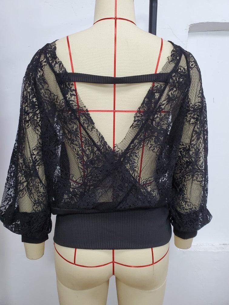 Women's New V-neck Stitching Lace Long-sleeved Top - Hipster Collections
