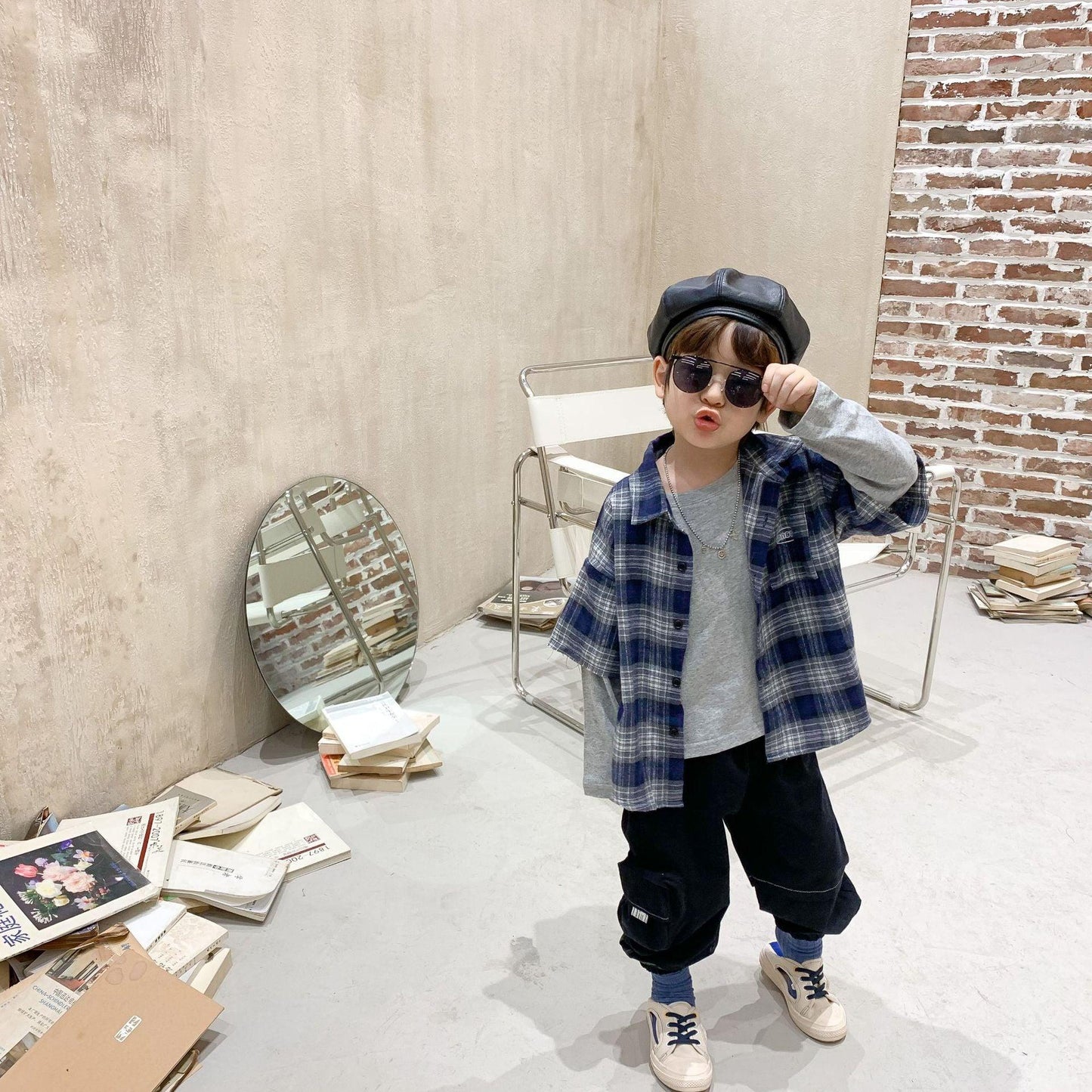 Boys plaid shirt stitching t-shirt - Hipster Collections