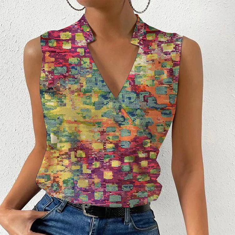 Casual Printed V-neck Sleeveless Top - Hipster Collections