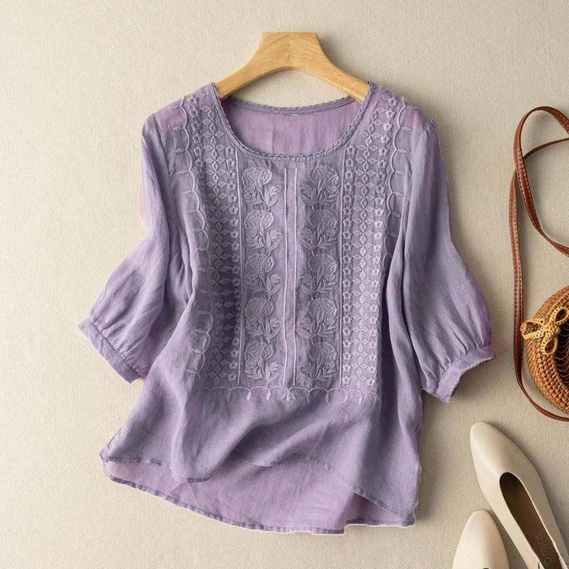 Embroidered Loose Artistic Vintage Cotton And Linen T-shirt - Hipster Collections