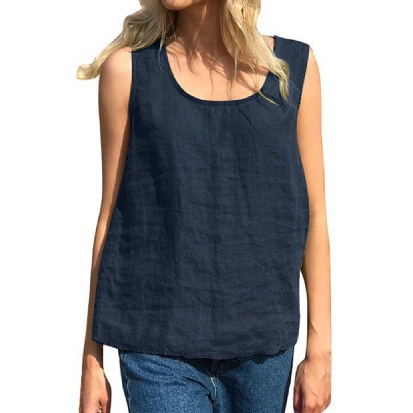 Women's Cotton And Linen Solid Color Sleeveless Top T Camisole - Hipster Collections