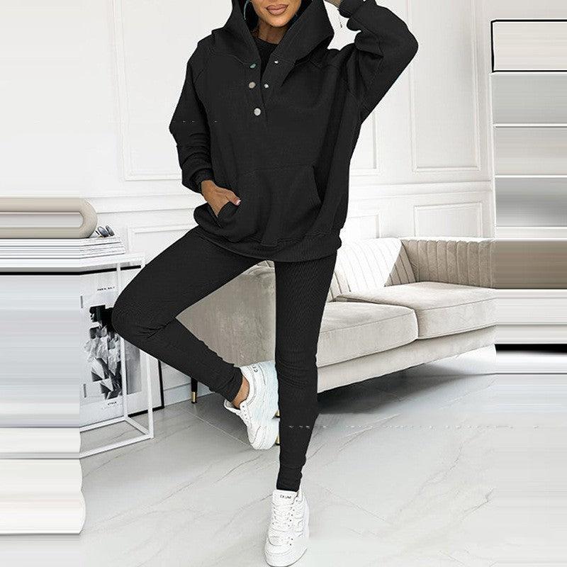 Women's Loose Hooded Pockets Sweatshirt and Vest and Slim Trousers - Hipster Collections
