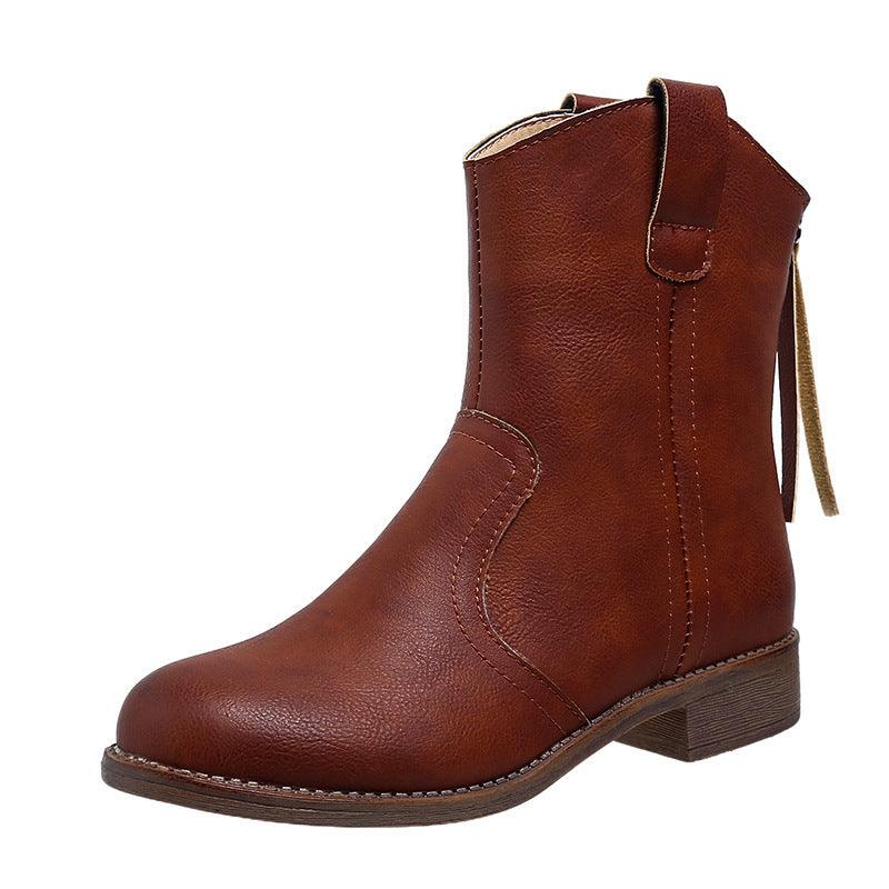 Women's Fashion Retro Low Heel Back Zipper Leather Boots - Hipster Collections