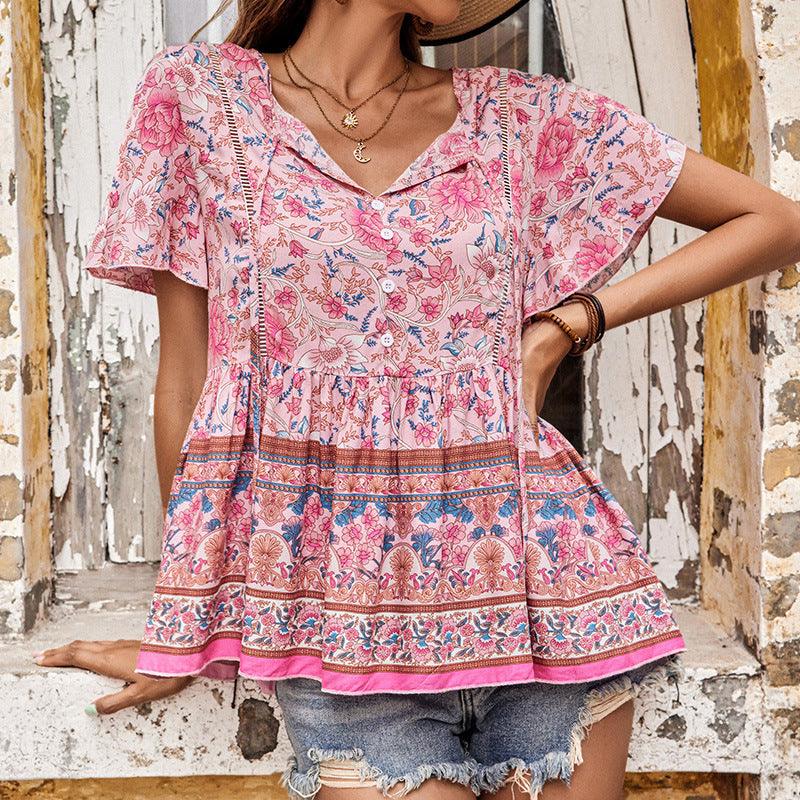 Summer Women's Bohemian Printed Short-sleeved Shirt - Hipster Collections