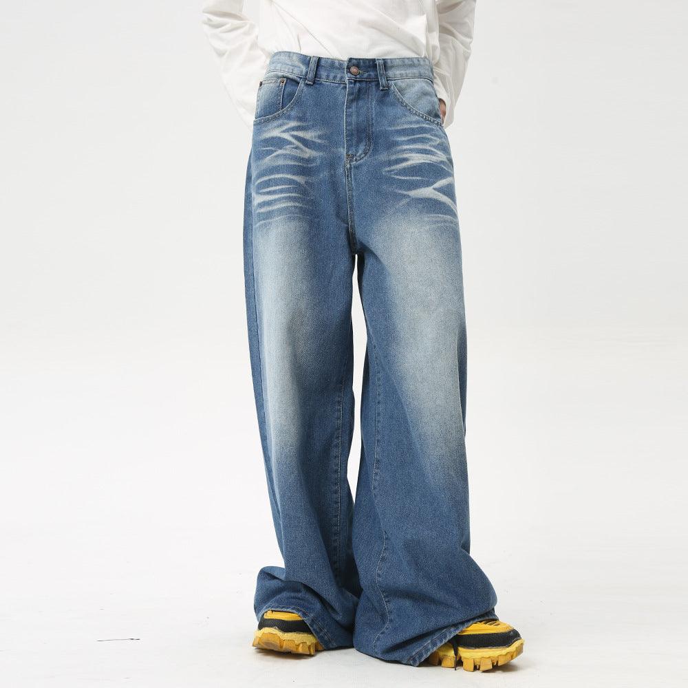 Maychao Washed Crease Vintage Draping Wide Leg Jeans - Hipster Collections