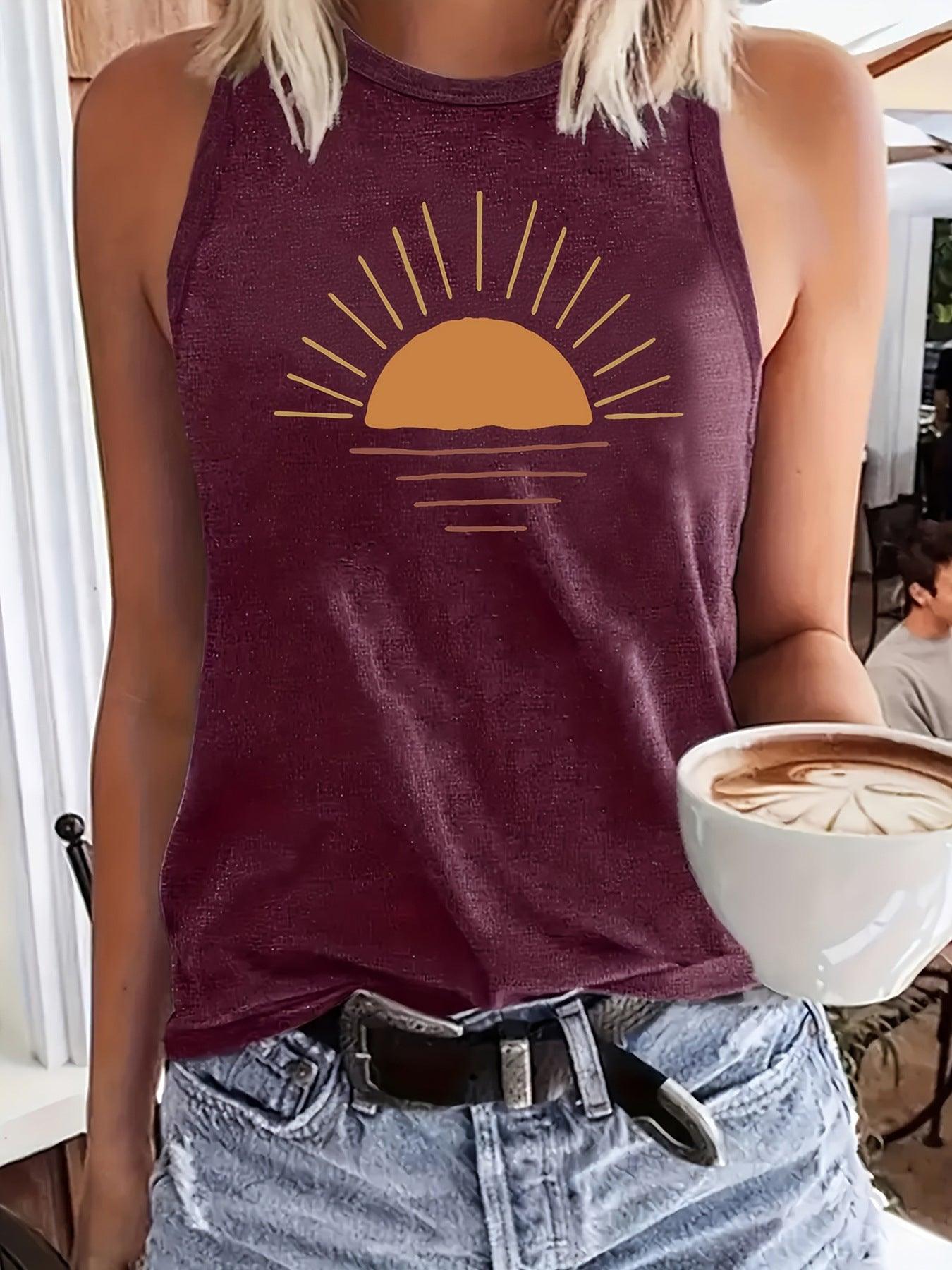 Sunrise Printed Round Neck Vest Spring And Summer Casual Sleeveless - Hipster Collections