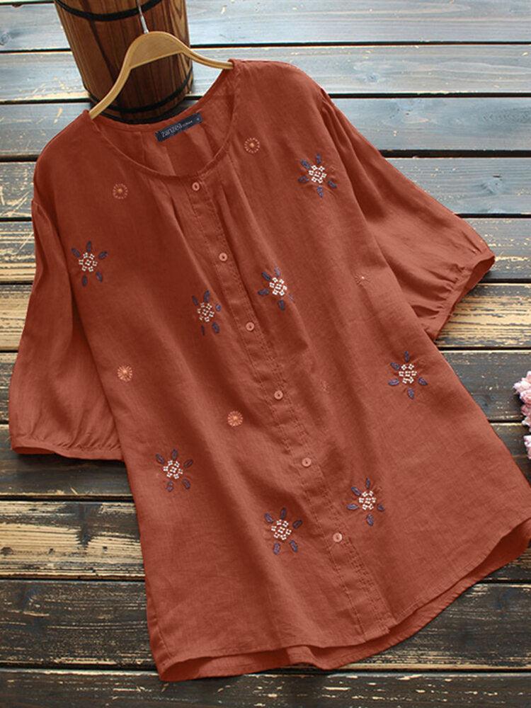 European And American Embroidered Crew Neck Button Short Sleeve - Hipster Collections