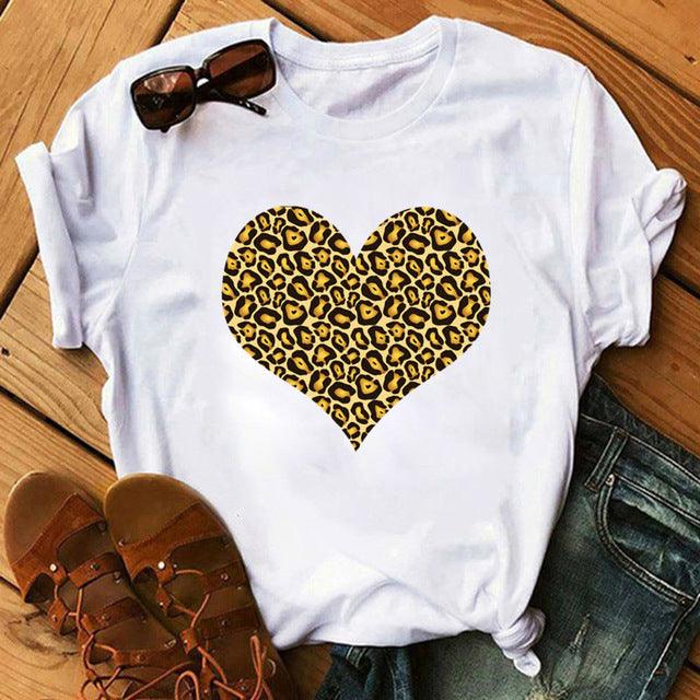 Spring Women's Cartoon Leopard Print Heart Printing T-shirt - Hipster Collections