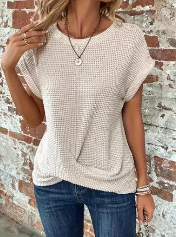 Short-sleeved Waffle T-shirt Summer New Solid Color Crew Neck Top For Womens Clothing - Hipster Collections