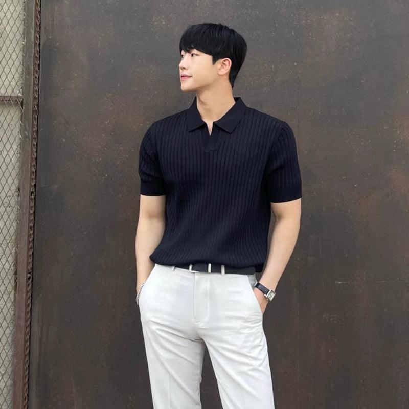 Summer Stripes Short Sleeve POLO Shan Men's Korean Slim Fit Lapel Solid Color Casual Thin Half Sleeve Trend Knitting Top - Hipster Collections