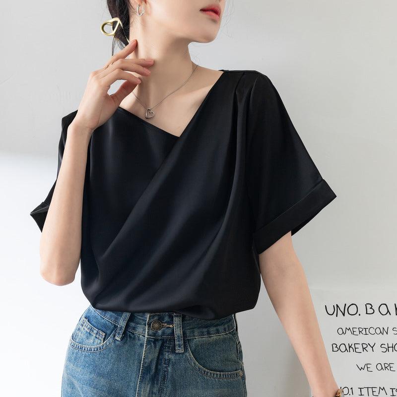 French Sexy V-neck Short-sleeved Shirt Women's Design Niche Temperament Drape Chiffon Shirt - Hipster Collections
