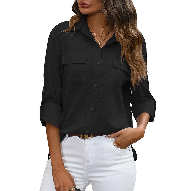 European And American Style Women Button Loose Shirt Solid Color Casual - Hipster Collections
