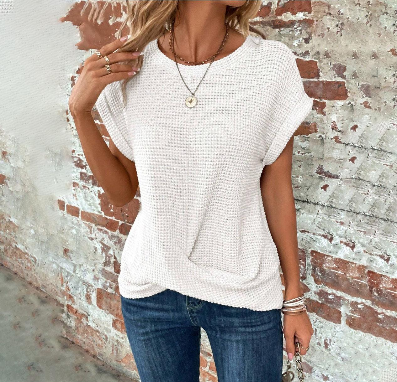 Short-sleeved Waffle T-shirt Summer New Solid Color Crew Neck Top For Womens Clothing - Hipster Collections