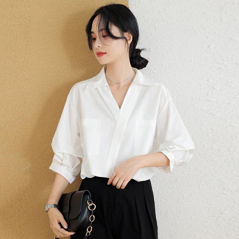 French Style Three-quarter Sleeve Loose Thin Lapel Shirt - Hipster Collections