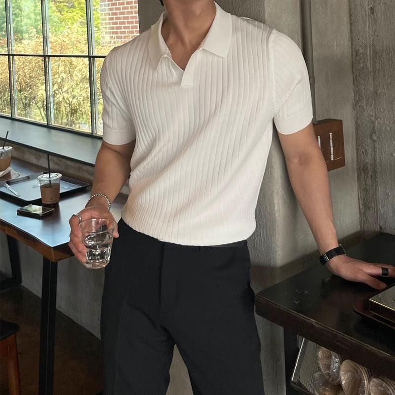 Summer Stripes Short Sleeve POLO Shan Men's Korean Slim Fit Lapel Solid Color Casual Thin Half Sleeve Trend Knitting Top - Hipster Collections
