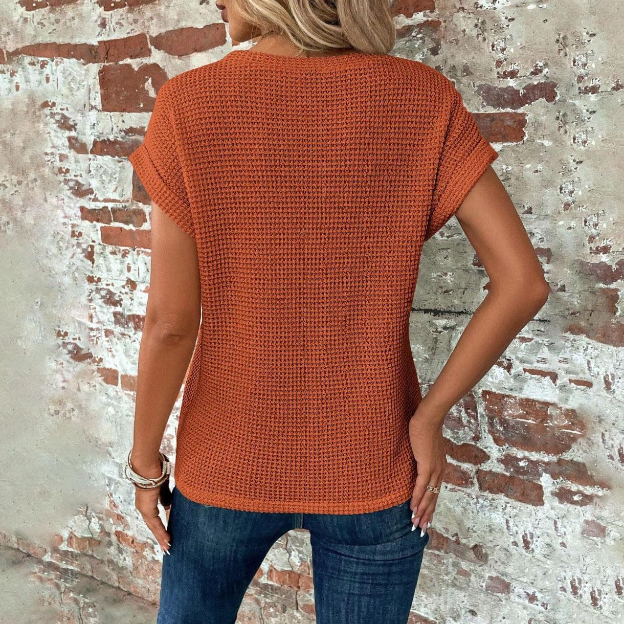 Short-sleeved Waffle T-shirt Summer New Solid Color Crew Neck Top For Womens Clothing - Hipster Collections