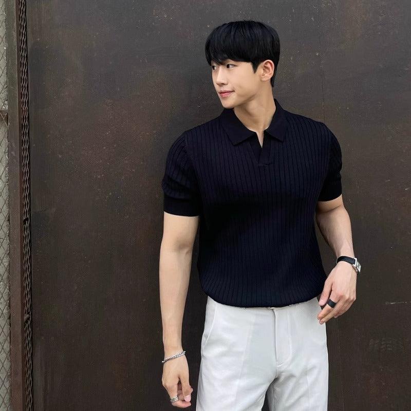 Summer Stripes Short Sleeve POLO Shan Men's Korean Slim Fit Lapel Solid Color Casual Thin Half Sleeve Trend Knitting Top - Hipster Collections