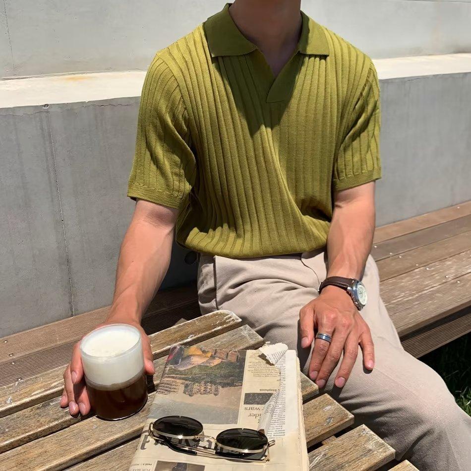 Summer Stripes Short Sleeve POLO Shan Men's Korean Slim Fit Lapel Solid Color Casual Thin Half Sleeve Trend Knitting Top - Hipster Collections