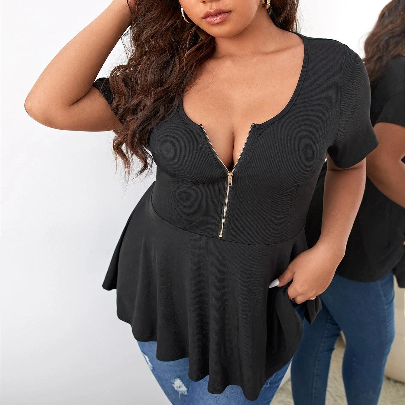 European And American Plus Size Short Sleeve Zipper Slim Fit T-shirt - Hipster Collections