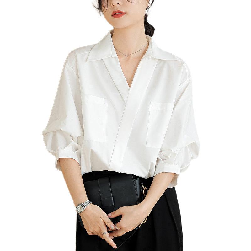 French Style Three-quarter Sleeve Loose Thin Lapel Shirt - Hipster Collections