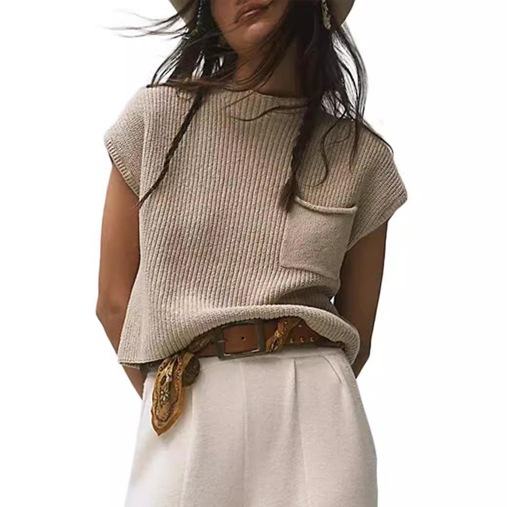 Women's Knitted Sleeveless Pocket Casual Rib Pullover Vest - Hipster Collections