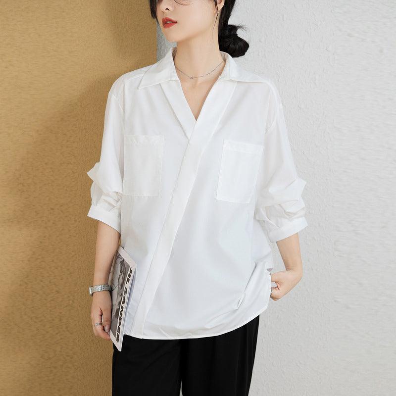 French Style Three-quarter Sleeve Loose Thin Lapel Shirt - Hipster Collections