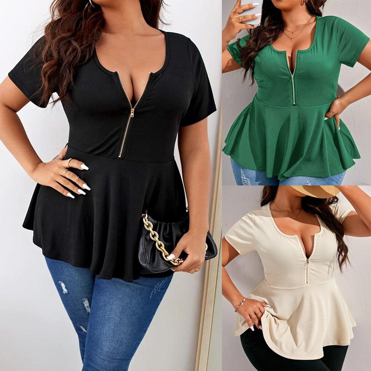 European And American Plus Size Short Sleeve Zipper Slim Fit T-shirt - Hipster Collections