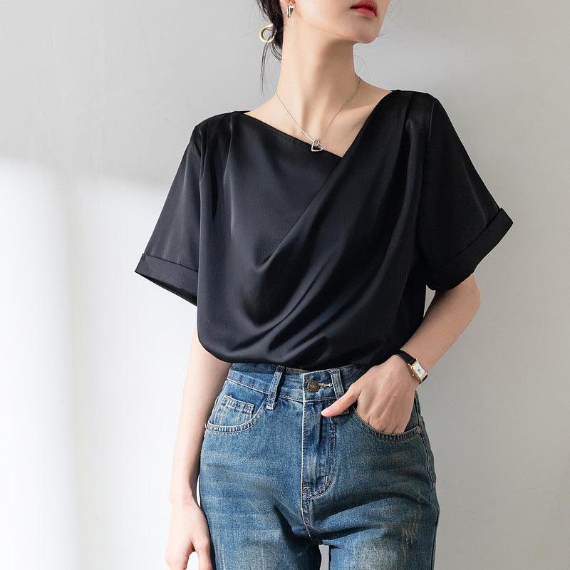 French Sexy V-neck Short-sleeved Shirt Women's Design Niche Temperament Drape Chiffon Shirt - Hipster Collections