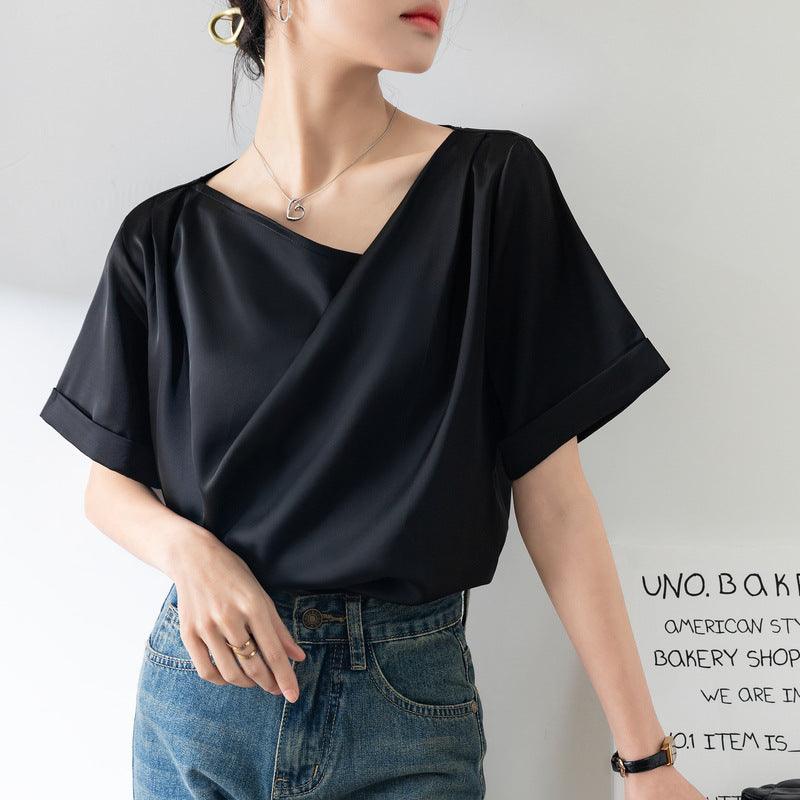 French Sexy V-neck Short-sleeved Shirt Women's Design Niche Temperament Drape Chiffon Shirt - Hipster Collections
