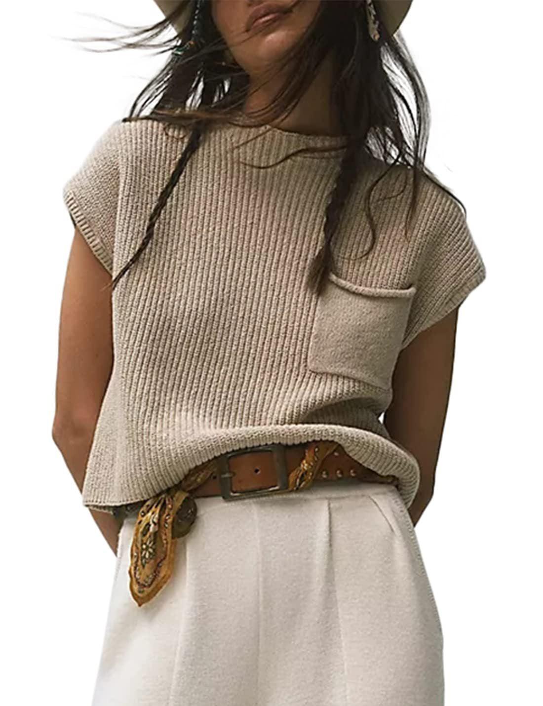 Women's Knitted Sleeveless Pocket Casual Rib Pullover Vest - Hipster Collections