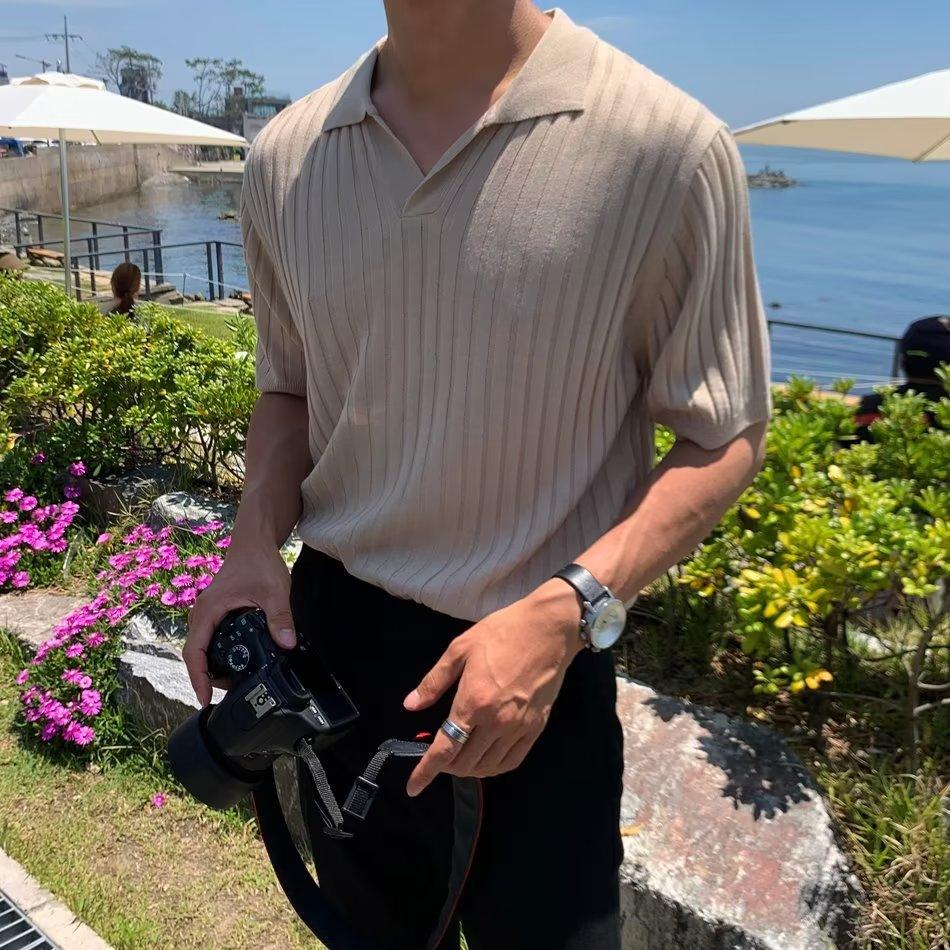 Summer Stripes Short Sleeve POLO Shan Men's Korean Slim Fit Lapel Solid Color Casual Thin Half Sleeve Trend Knitting Top - Hipster Collections