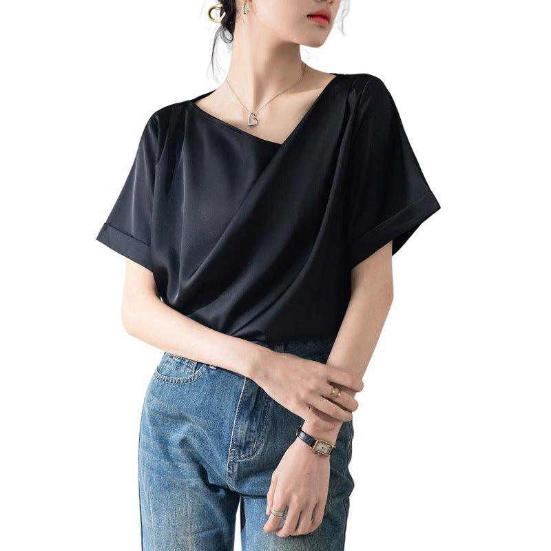 French Sexy V-neck Short-sleeved Shirt Women's Design Niche Temperament Drape Chiffon Shirt - Hipster Collections