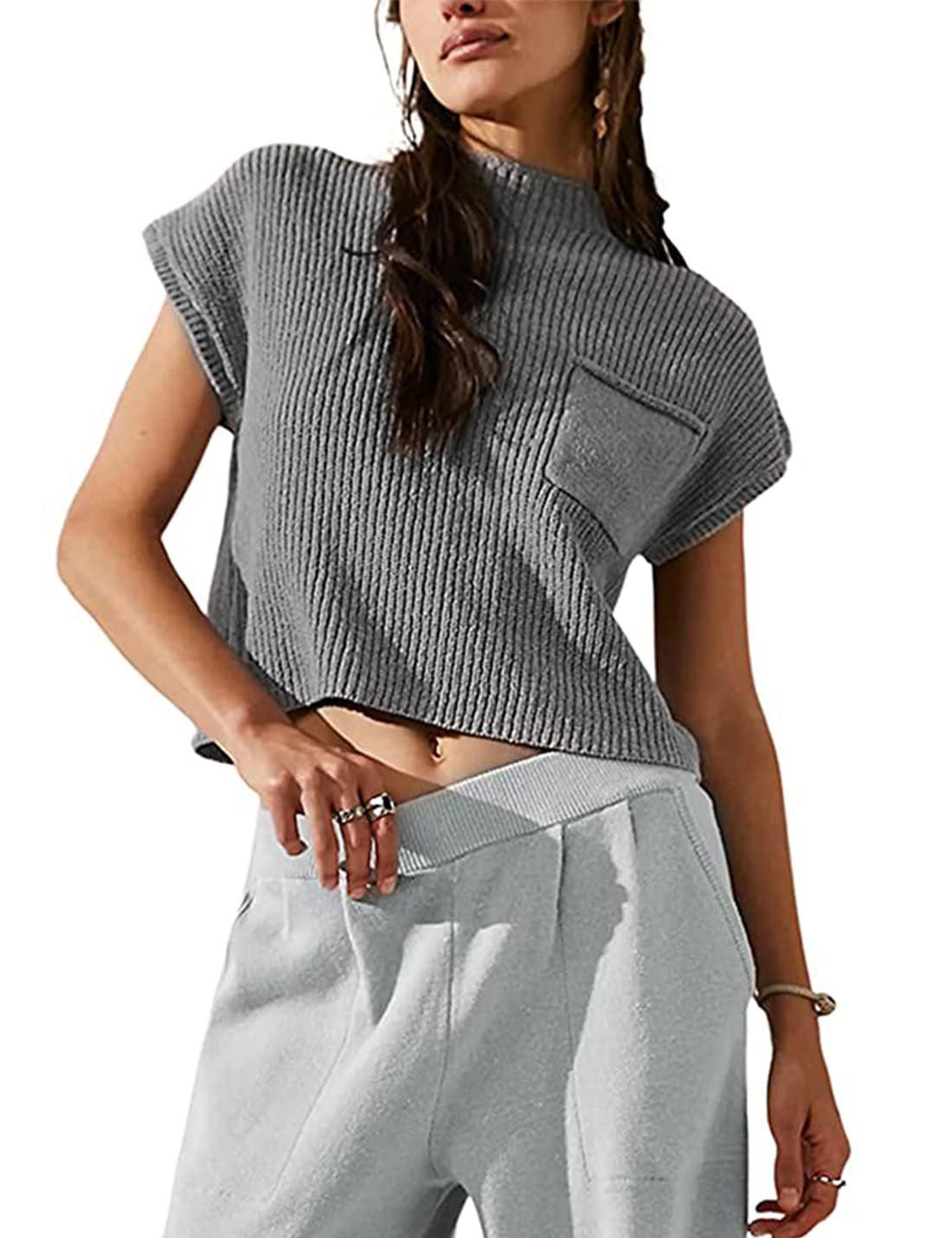 Women's Knitted Sleeveless Pocket Casual Rib Pullover Vest - Hipster Collections