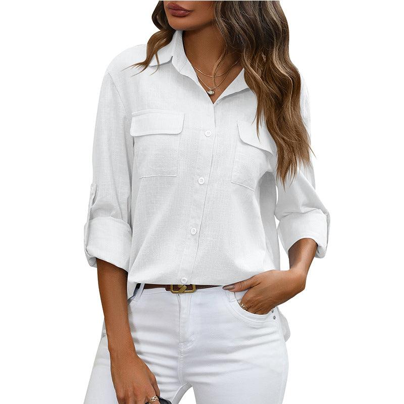 European And American Style Women Button Loose Shirt Solid Color Casual - Hipster Collections