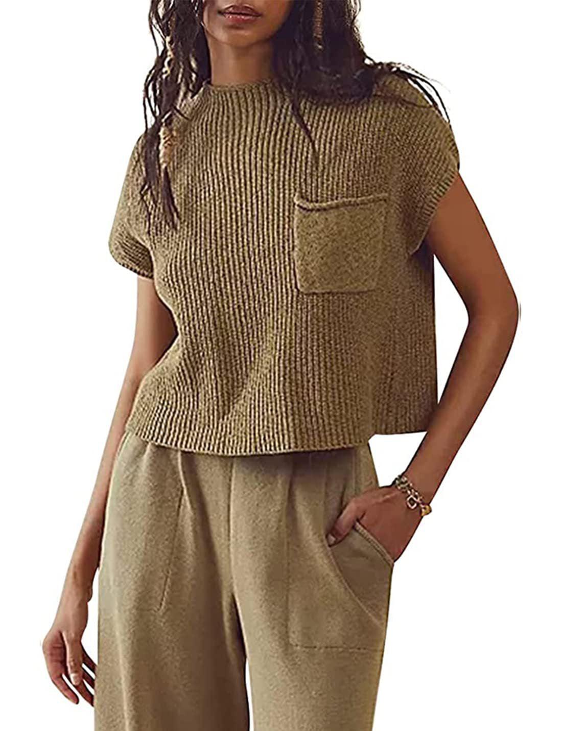 Women's Knitted Sleeveless Pocket Casual Rib Pullover Vest - Hipster Collections